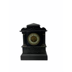 Late 19th century Belgium slate mantle clock with an eight-day French rack striking movement striking the hours and half-hours on a coiled gong, dial with an enamel chapter ring and a gilt recessed centre, hours in upright Arabic numerals and minute markers, with steel Fleur de Lys hands, brass bezel and bevelled glass, case on a stepped plinth with frieze depicting Aesculapius the ancient mythical god of medicine, dial flanked by two recessed fluted columns with Corinthian capitals supporting an architectural pediment with applied decorative relief. Movement stamped R&C for Richard & Cie, London and Paris.  
With pendulum.
