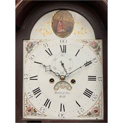 Denton & Fox of Hull – Early 19th century mahogany 8-day longcase clock c1802, pagoda pediment with an oval inlay and three ball and spire finials, break arch painted dial and hood door flanked by reeded pilasters with brass Corinthian capitals, long trunk door with conforming break arch top on a rectangular plinth raised on bracket feet, early Wilson (Birmingham) dial with Roman numerals, five minute Arabic’s and minute dots, subsidiary seconds dial and calendar aperture, with matching steel hands, floral spandrels within raised gesso work and a conforming oval depiction of a young maiden and dog to the break arch, dial pinned via a falseplate to a rack striking movement with a recoil anchor escapement striking the hours on a cast bell. With pendulum and weights.
Joseph Denton was a respected and prolific Hull clock maker working in Scale Lane Hull 1779 and Silver Street 1782-1814. Entering a short-lived partnership with Charles Fox from Beverley in 1802.
