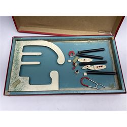 Vintage toys comprising 'Docking RMS Queen Mary' game, two boxed Pelham puppets, quantity of painted metal British soldiers to include Guardsmen, painted farm animal figures