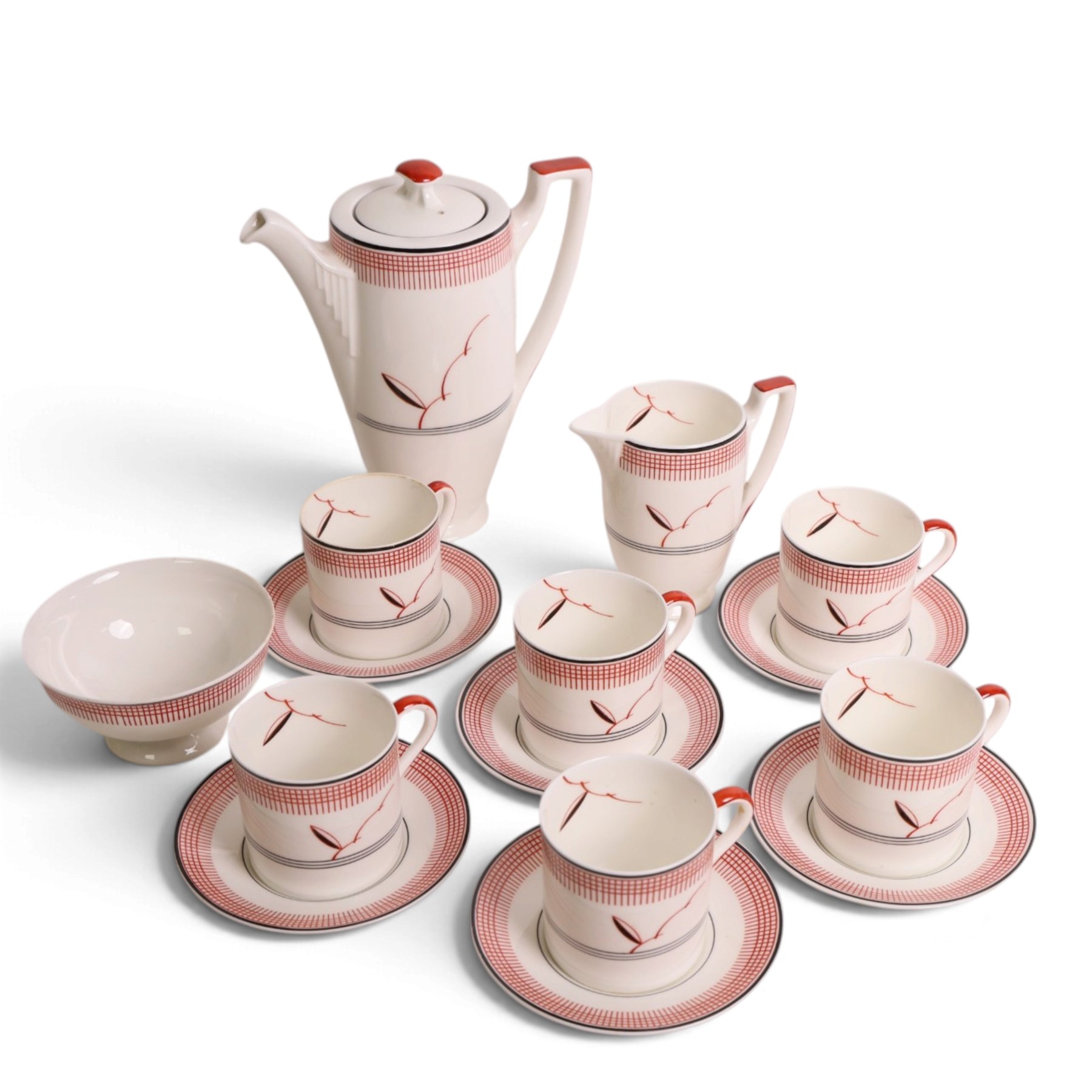 Royal Doulton Art Deco coffee service for six in Vane pattern, comprising coffee pot, milk jug, open saucier, coffee cans and saucers  