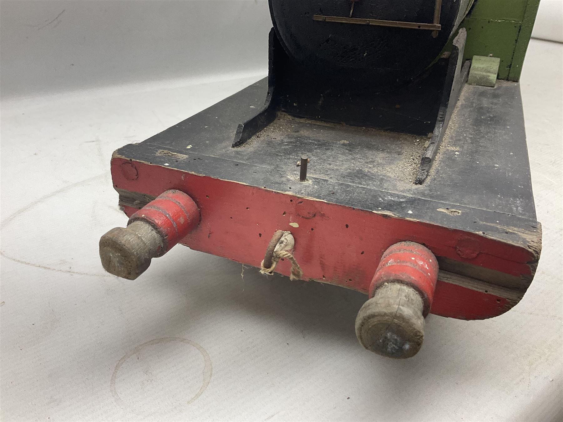 1960s scratch-built green, black and red painted wooden model of a 4-6-0 tank locomotive 'Andrew' No.7365 L88cm; and an unused wall mounting die-cast model display cabinet with glass door and shelves 52 x 40cm (2)