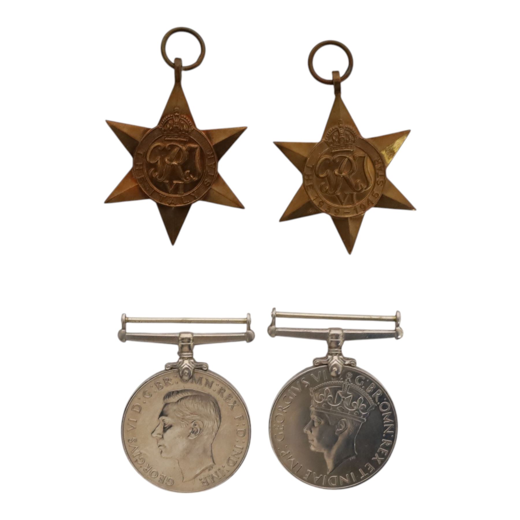 WWII medal group, comprising War medal, Defence medal, 1939-45 star and the Italy star, awarded to Ralph Dixon M.B.E Lieut Royal Navy