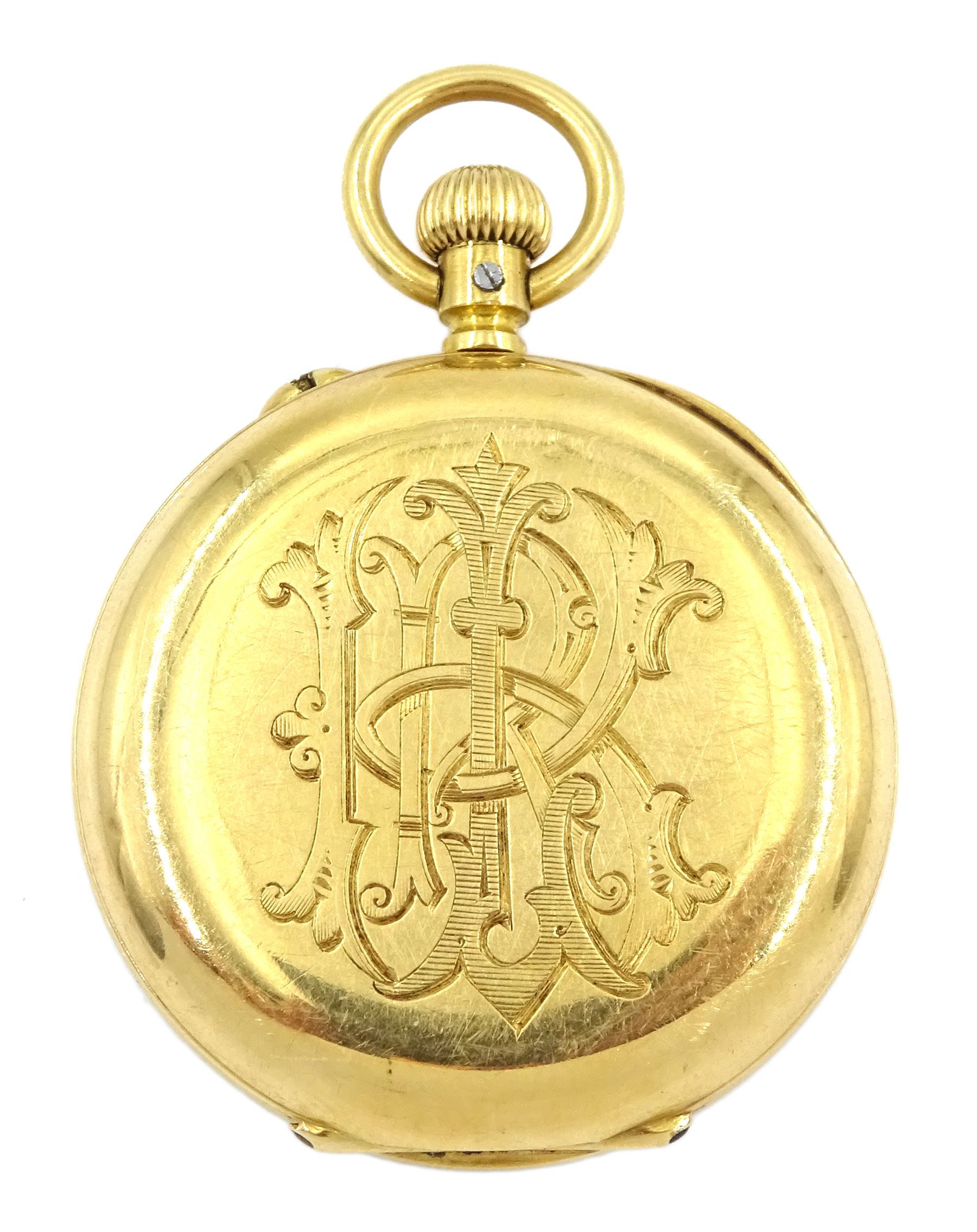 Swiss 18ct gold open face keyless cylinder fob watch, white enamel dial with Arabic numerals, back case No. 620122 with monogramed initials, stamped 18c with Helvetia hallmark