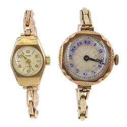 Early 20th century 9ct gold ladies wristwatch, London 1927 and a Tegra 9ct gold wristwatch, hallmarked, both on rose gold expanding link bracelets, stamped 9ct
