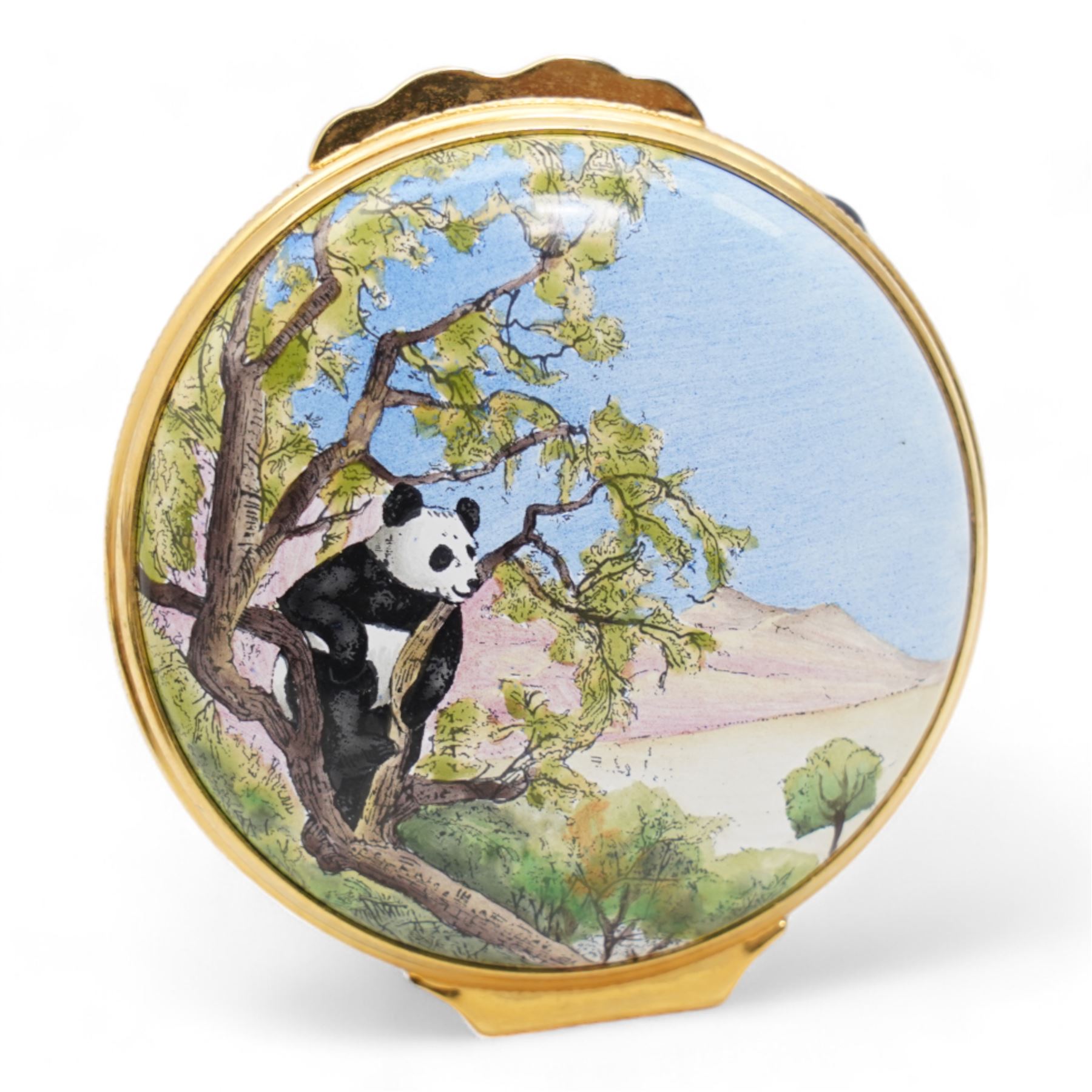 Three Halcyon Days enamel bonbonnieres comprising a mallard, panda and frog, H7cm max (3)