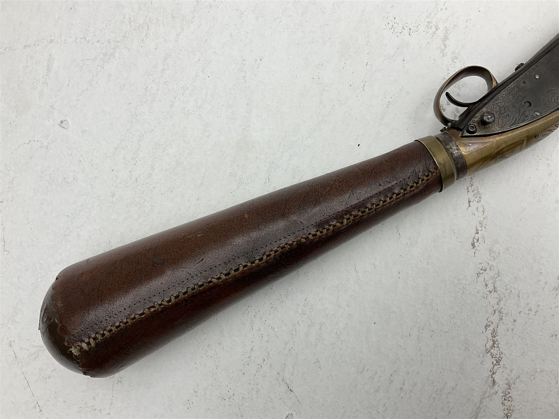 Late 18th century 7.2mm (approx. .28 calibre) Girandoni system single shot reservoir air rifle, the 62cm steel barrel with swivelling two-leaf rear sight, brass breech decorated with a sunburst and lever opening top loading, engraved steel lock-plates marked 'S. Gaskell' to the right side underneath the cocking lever, brass trigger guard,  leather covered steel butt reservoir of tapering conical form with brass ferrule and walnut fore-stock with horn mounts L107cm overall