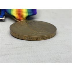 WW1 KIA group of three medals comprising British War Medal, 1914-15 Star and Victory Medal awarded to 9069 Cpl. J. Mayhew Glouc. R.; with ribbons; displayed on modern bar, and photograph of recipient in uniform; some biographical details