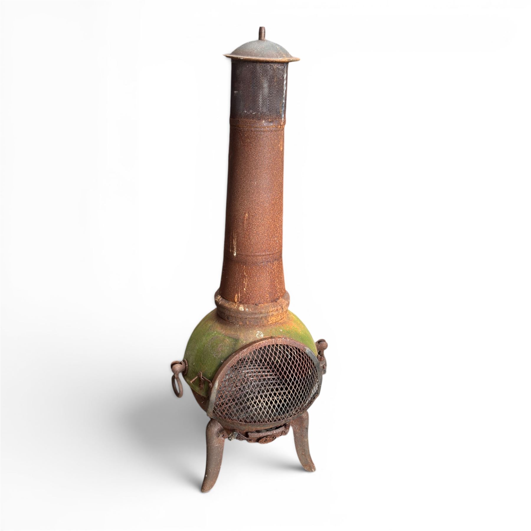 Garden chiminea, with mesh front spark guard, flue chimney on three splayed legs, in a weathered finish