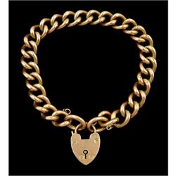 Early 20th century rose gold curb link bracelet, with heart locket clasp, stamped 9ct