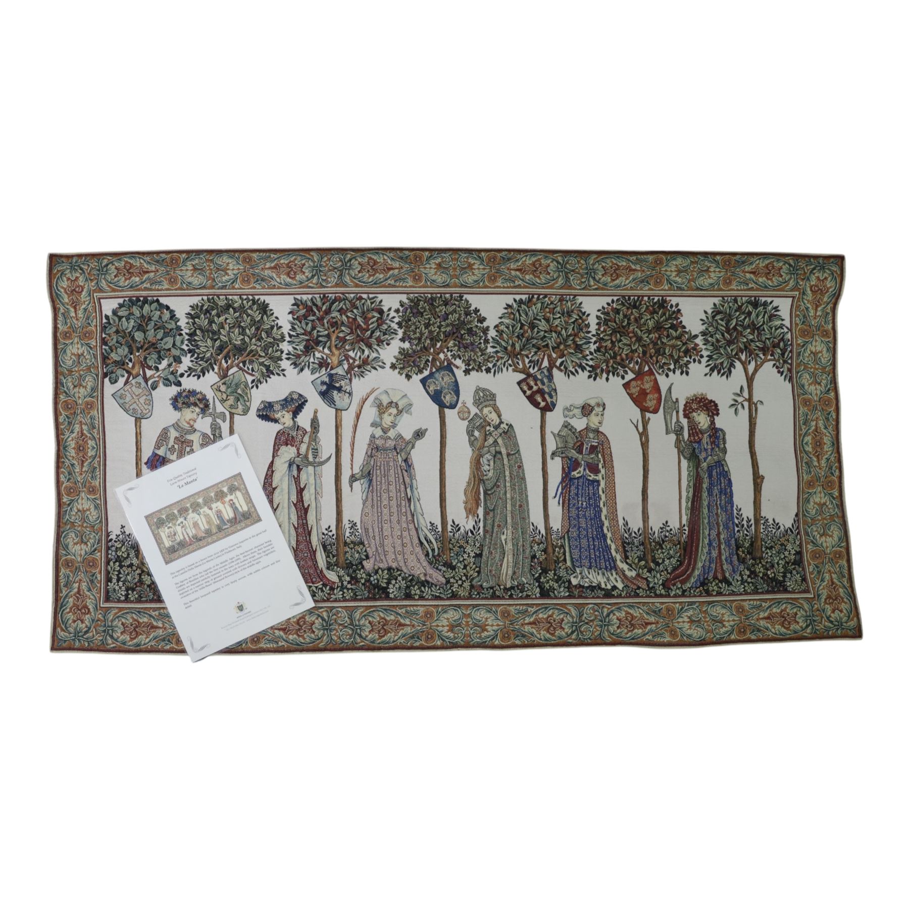 La Manta tapestry wall hanging, by Hines of Oxford, after teh 1420 fresco by Giacomo Jaquerio in the great hall at Casello Della Manta, H65cm, L130cm