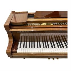 Yamaha - Baby Grand piano in mahogany polyester finish case,  G1 model, serial No 4741647, cast overstrung frame with 88 keys and seven octave compass, original stringing, tuning pins, hammers, dampers and felts, sostenuto, una corda and sustain pedals, with a solid music desk and tapered legs on brass castors.   