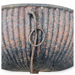 Pair of Victorian wrought iron D-shaped planters, rolled rim over a gadrooned body with fixing holes and ring to the front