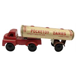 Wells Brimtoy/Pocketoy - seven tin-plate and plastic clockwork or friction-drive  vehicles comprising Milk Tanker, Greenline Coach, Liquid Oxygen Wagon, Side-Tipping Wagon, Snacks Van with drop-down counter, London Trolley Bus and covered wagon; all unboxed (7)
