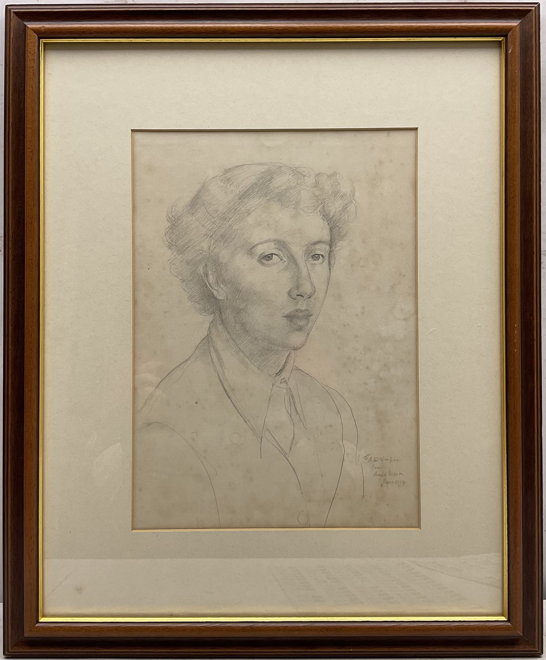 Arnold Henry Mason (British 1885-1963): Portrait Study of a 50's Woman, pencil sketch signed indistinctly dedicated and dated 1954, 35cm x 25cm
