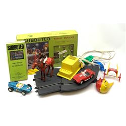 Subbuteo - table soccer game with two teams, goals, balls, playing cloth etc, boxed, and additional boxed Leeds United team; Meccano Circuit 24 slot racing items including two cars with handsets, track and transformer etc, unboxed; and a 1960s Italian plastic clockwork 'Sulky' horse, jockey and trap etc