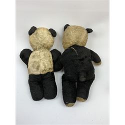 Seven English panda bears c1930s-50s including two Pedigree with plastic dog type noses H11.5