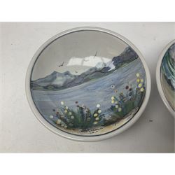 Highland Stoneware Scotland, decorated with landscapes and seascapes, comprising of two bowls, plate and two covered trinket boxes 