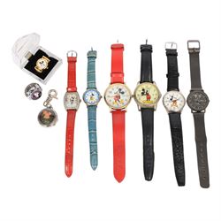 Six Disney Mickey/Minnie Mouse watches, two Mickey Mouse ring watches and a clip on stop watch