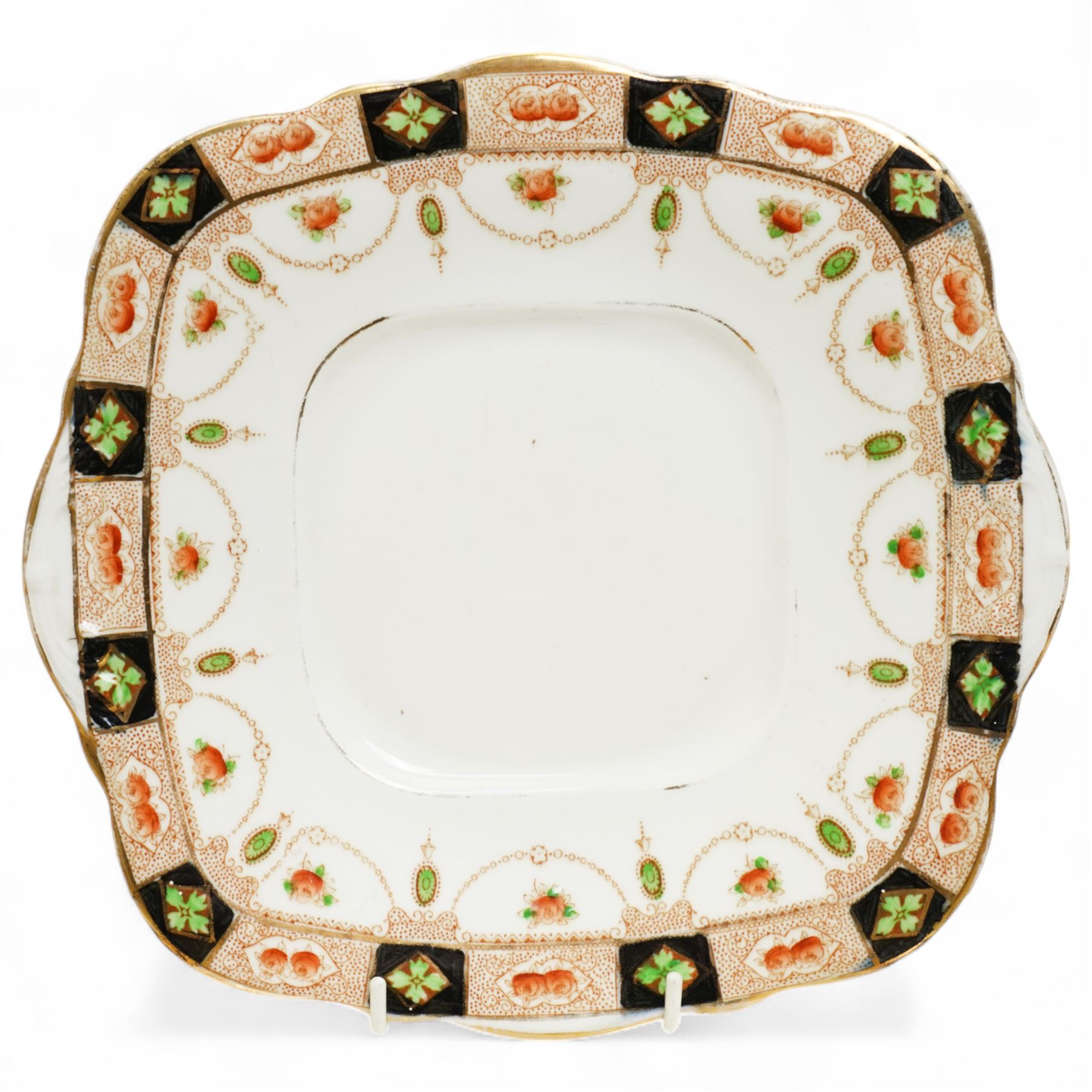 Salon China S&L Harrow pattern part tea service, comprising nine teacups, eleven saucers, twelve side plates, two serving plates and one bowl