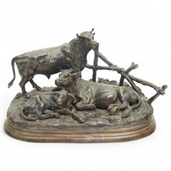After Jules Moigniez - bronze group of recumbent cattle, W38cm