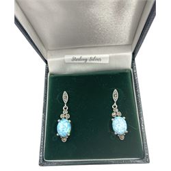 Silver opal and marcasite pendant stud earrings, stamped 925, boxed