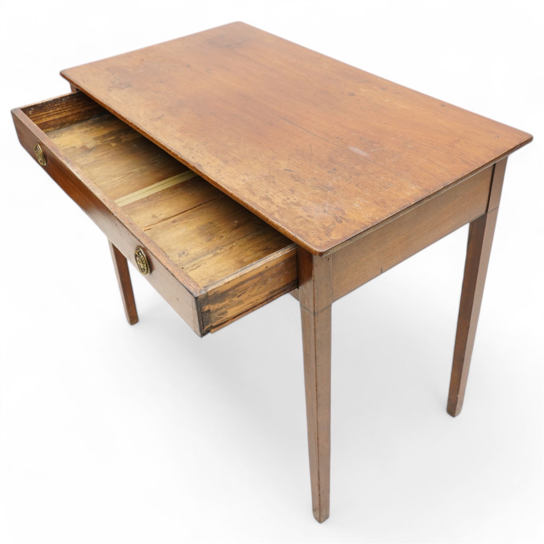 George III mahogany side table, rectangular top over single drawer, fitted with brass ring handles and pressed circular plates, on square tapering supports