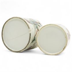 Two Chinese Qing dynasty famille rose pots, decorated with figures from 'Wu Shang Pu', the smaller pot with lines of verse, larger H8cm (2)