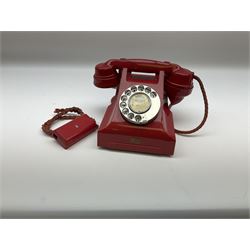 1950s Siemens Brothers red telephone with chrome rotary dial with enamel number plate and Siemens dial label, model 356, the body with base drawer below gilt logo, the handset with impressed mark PAT. 328926 PAT. SA 9/30, with red braided cord and red junction box (detatched), W15cm D18.5cm H14cm
