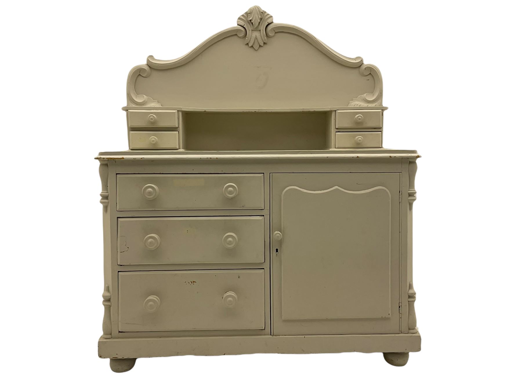 Victorian white painted pine chiffonier dresser, raised back with small drawers, fitted with single cupboard and three drawers