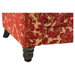 Late 20th century upholstered Chesterfield sofa, in red damask floral fabric, with deep buttoned back and arms, scrolled arms at equal height to back, on turned front supports