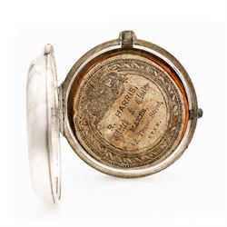 George III silver pair case verge fusee pocket watch by W.C. Tooke, Lynn, No. 23960, pierced and engraved balance cock decorated with a mask, enamel polychrome dial depicting rope makers and personalised 'John Withers' hour markers, case by William Linsley, London 1814