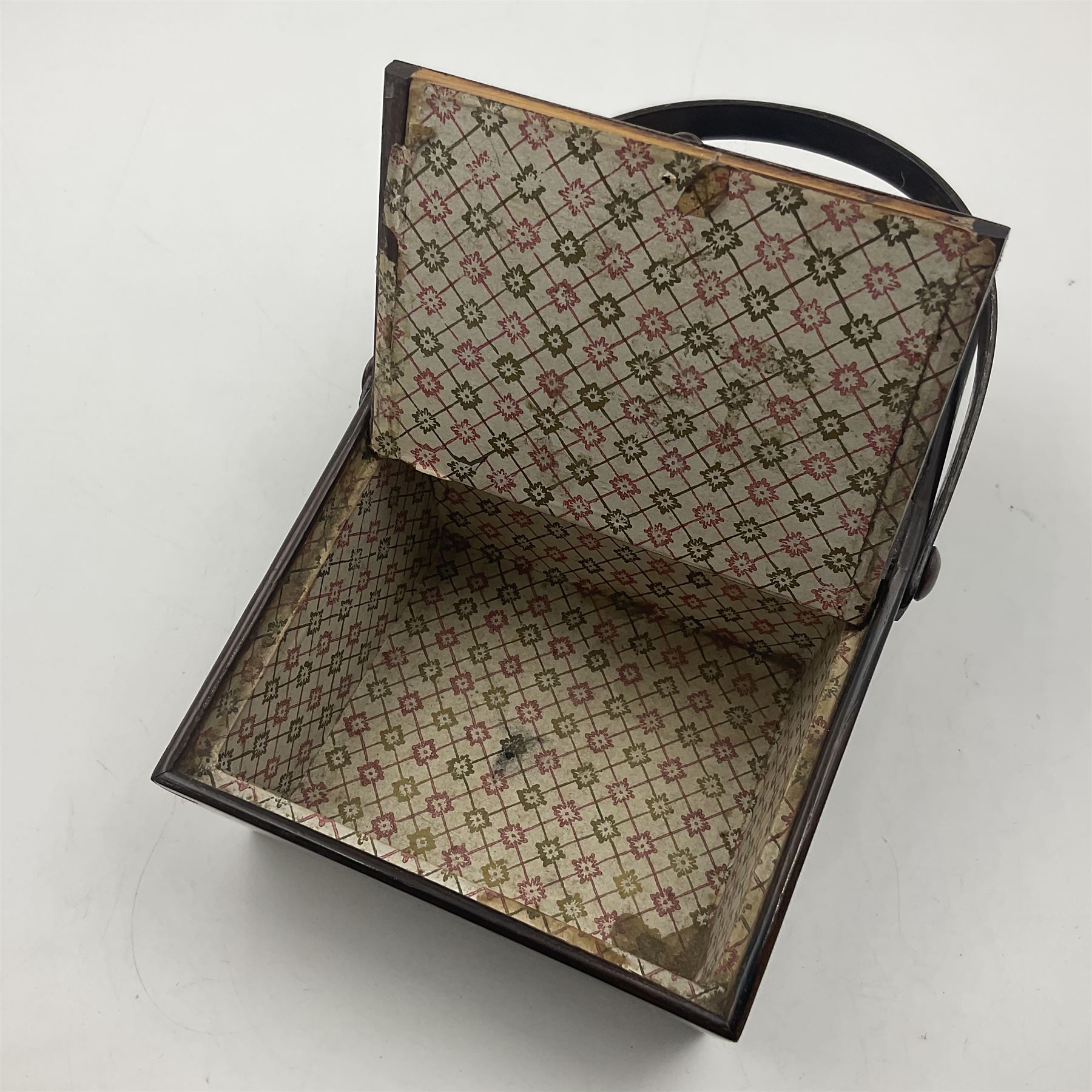 19th century rosewood Tunbridge Ware basket, of rectangular form with curved bentwood handle, and twin hinged sloping covers, lifting to reveal paper lined interiors, not including handle H5.5cm D10.5cm L18cm