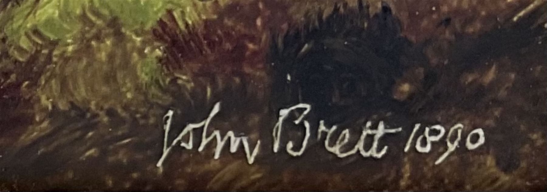 John Brett (British 1831-1902): 'Fylingdales Moor' looking towards Whitby, oil on canvas signed and dated 1890, 38cm x 76cm
Provenance: East Yorkshire private collection; exh. Royal Academy 1891 No.458; purchased by W.A. Pye Esq. in February 1891 for the sum of £100, then by descent through the Pye family; Sotheby's London 12th November 1992, Lot 132; Thomas Agnew & Sons Ltd. London (then listed as Treyarnon Bay) No.WA2457 (label verso) where purchased by J.E. Dayton; Sotheby's London 10th March 2005, Lot 217, where purchased by the vendor (at the same sale an oil sketch of the same scene was sold as Lot 218).
Literature: Birmingham Daily Post 30th May 1891; C. Payne & C. Brett: John Brett: Pre-Raphaelite Landscape Painter (Yale Univ. Press 2010) Cat no.1350, ill p 236
Notes: The painting has previously been erroneously listed as Treyarnon Bay; this is because the frame, made for the artist by Dolman & Son, previously contained 'Treyarnon Bay' of 1889, and a label previously affixed to the frame displayed this title.