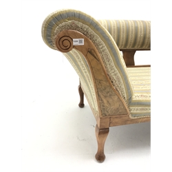  Late Victorian walnut framed chaise longue, upholstered in a gold and grey fabric, cabriole feet, L178cm  