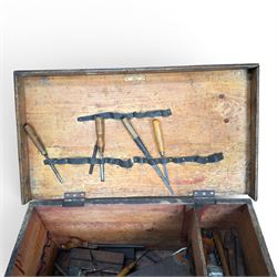 Victorian stained pine carpenters toolbox and contents, fitted interior with saws, planes, chisels etc