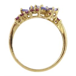 9ct gold marquise shaped tanzanite and pink stone set flower crossover ring, hallmarked