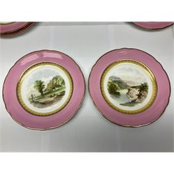 Victorian topographical dessert service, each hand painted with named landscapes of Buxton scenes to include Waterfall Lover's Leap, Miner's Cotage (Cottage) and Haddon Hall, within a gilt circular cartouche and pink banded border, comprising two comports, three tazzas and twelve plates, with painted titles and no 3968 beneath to most, comport H11.5cm, plates D23cm