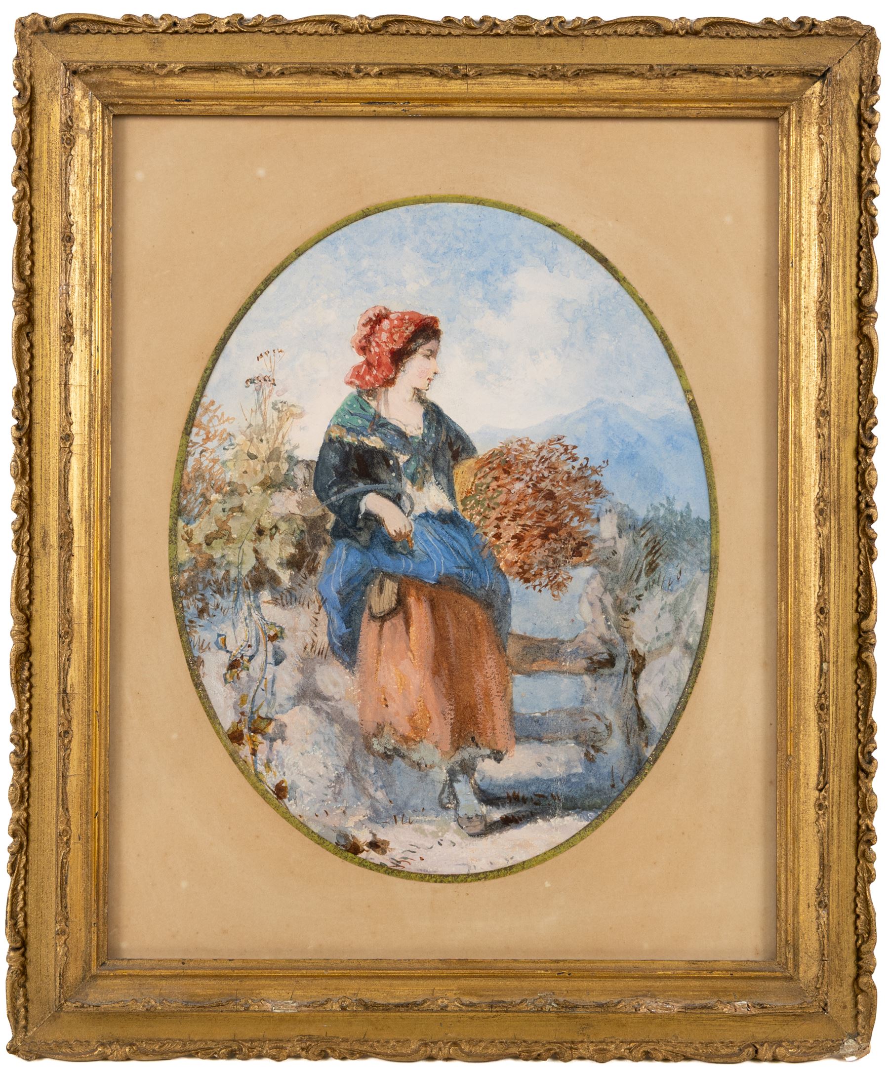 Manner of Henry Edrington Hobson (British 1820-1881): Woman Gathering Kindling, gouache unsigned; together with Dutch School (19th/20th century): Fishermen Conversing, mixed media signed B T max 19.5cm x 15.5cm (2)