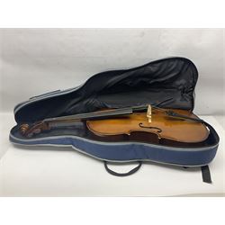 Stentor Student I quarter-size cello with 59.5cm two-piece maple back and ribs and spruce top; bears maker's label with serial no.M076096 L95.5cm overall; in Stentor soft carrying case with bow