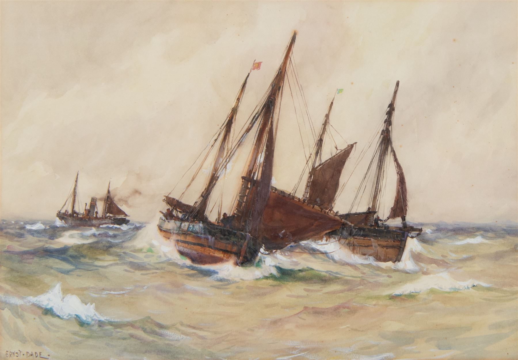Ernest Dade (Staithes Group 1868-1935): 'Yawls at Sea', watercolour signed, titled on exhibition label verso 38cm x 54cm 
Provenance: exh. 'Maritime England Exhibition', Crescent Art Gallery, Scarborough, June 1982, no. 48, label verso