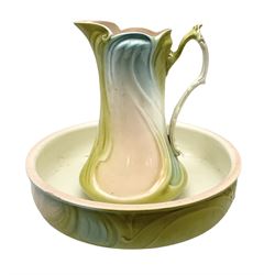 Wash jug and bowl with merging pink, green and blue decoration, bowl D40cm