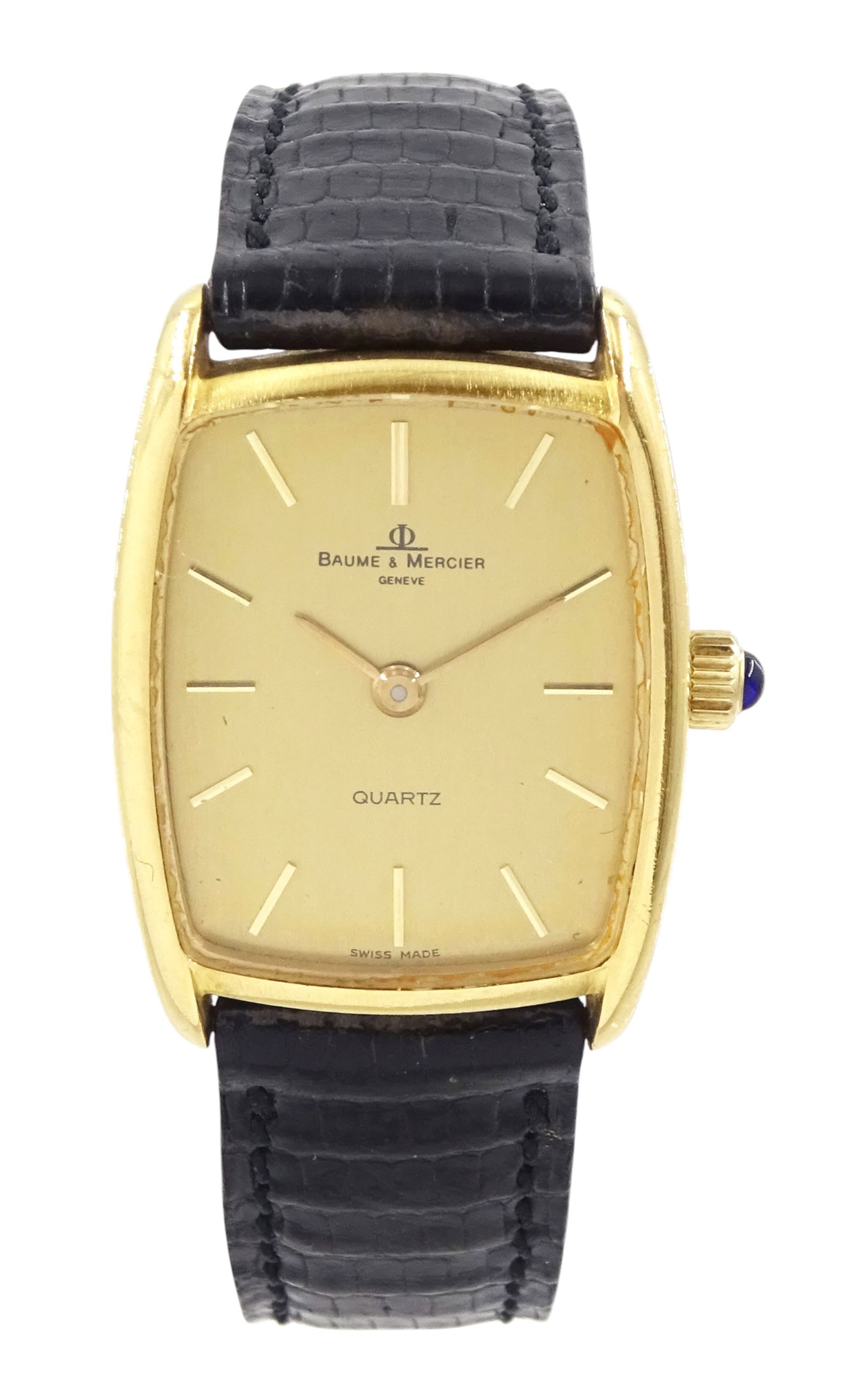 Baume & Mercier ladies 18ct gold quartz wristwatch, champagne dial with baton hour markers, hallmarked, on Baume & Mercier black leather strap, with gilt buckle, with guarantee card dated 1983