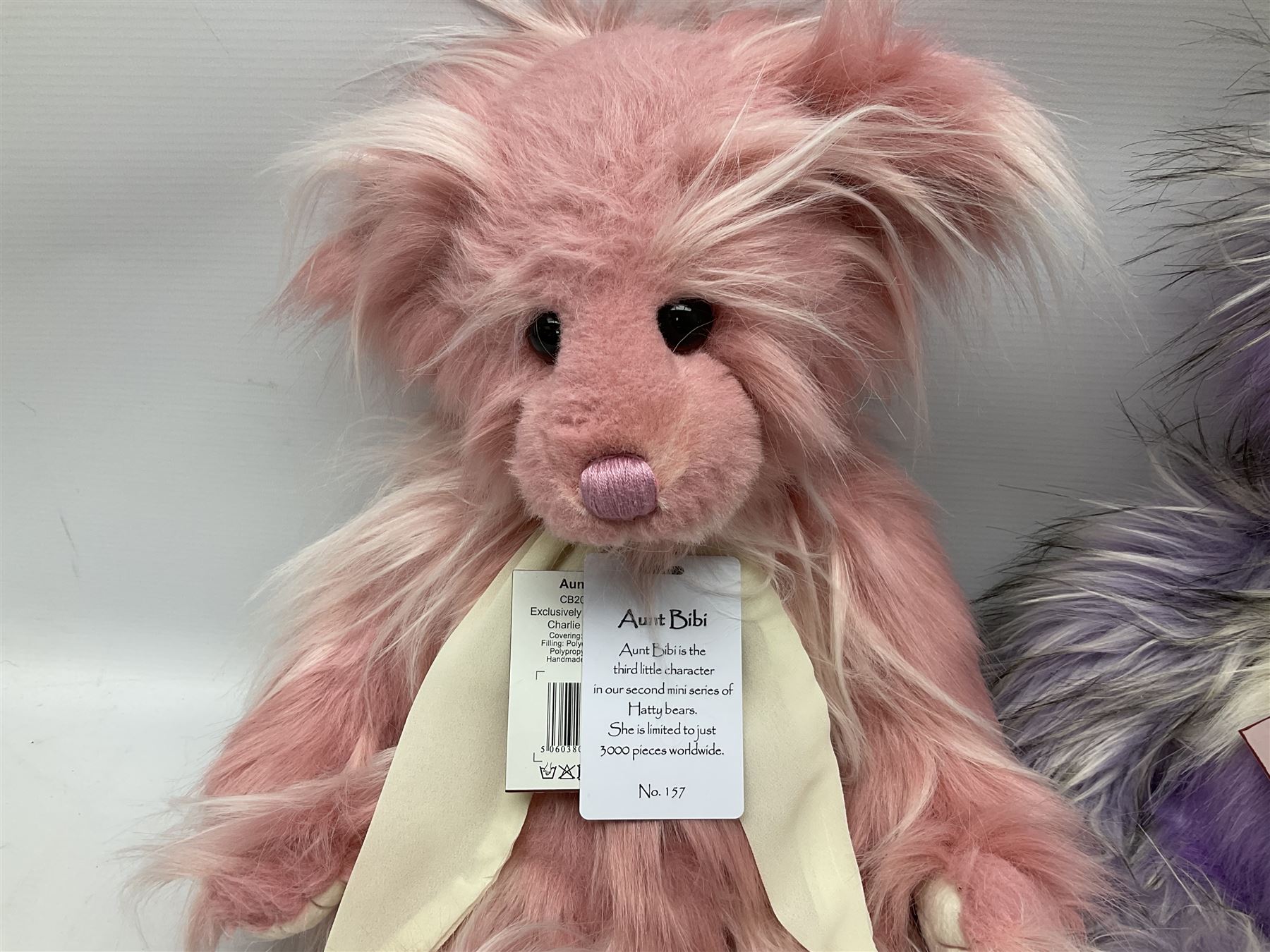 Three Charlie Bears, comprising limited edition Aunt Bibi CB205241O, 157/3000, Teresa CB212129C, and Soda Pop CB202040B, both designed by Isabelle Lee, all with tags 