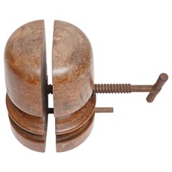 20th century wooden hat stretcher with metal screw adjustment mechanism