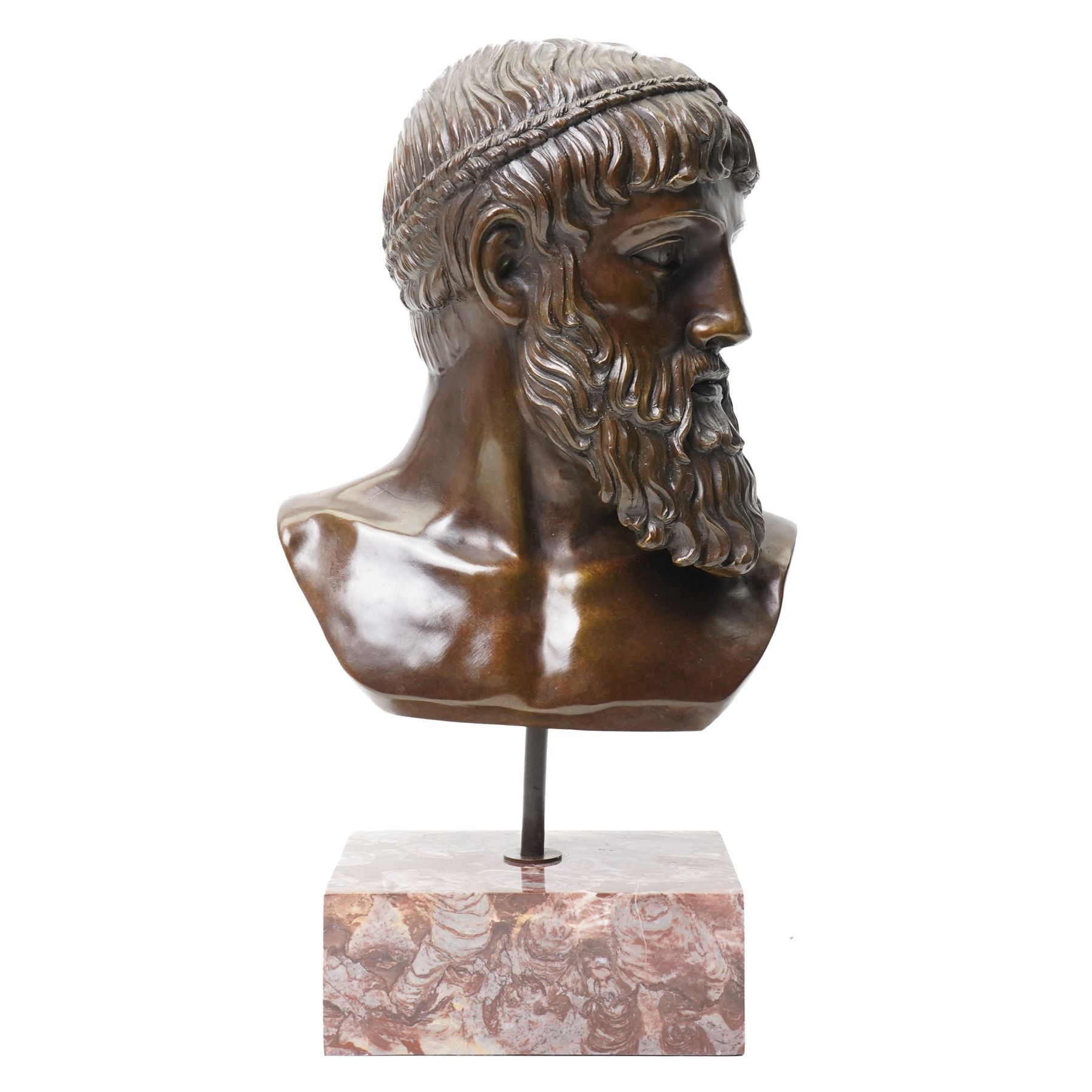 After the antique – a bronze bust modelled on the Artemision Bronze depicting the Greek god Zeus, the bearded head with intense gaze and idealised Classical features, raised on a marble plinth, H49cm Notes: the original is now held at the Archaeological Museum of Athens after being recovered from the sea off Cape Artemision