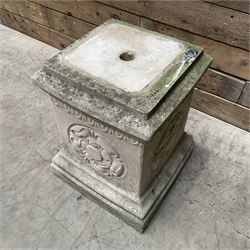 Cast stone garden pedestal with relief 'Yorkshire Rose' motif