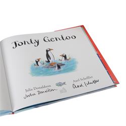 Julia Donaldson and Axel Scheffler books, comprising eleven first editions and four signed copies, including Jonty Gentoo double signed, together with two signed Julia Donaldson book plates and a signed newspaper cutting and one signed Axel Scheffler book plate