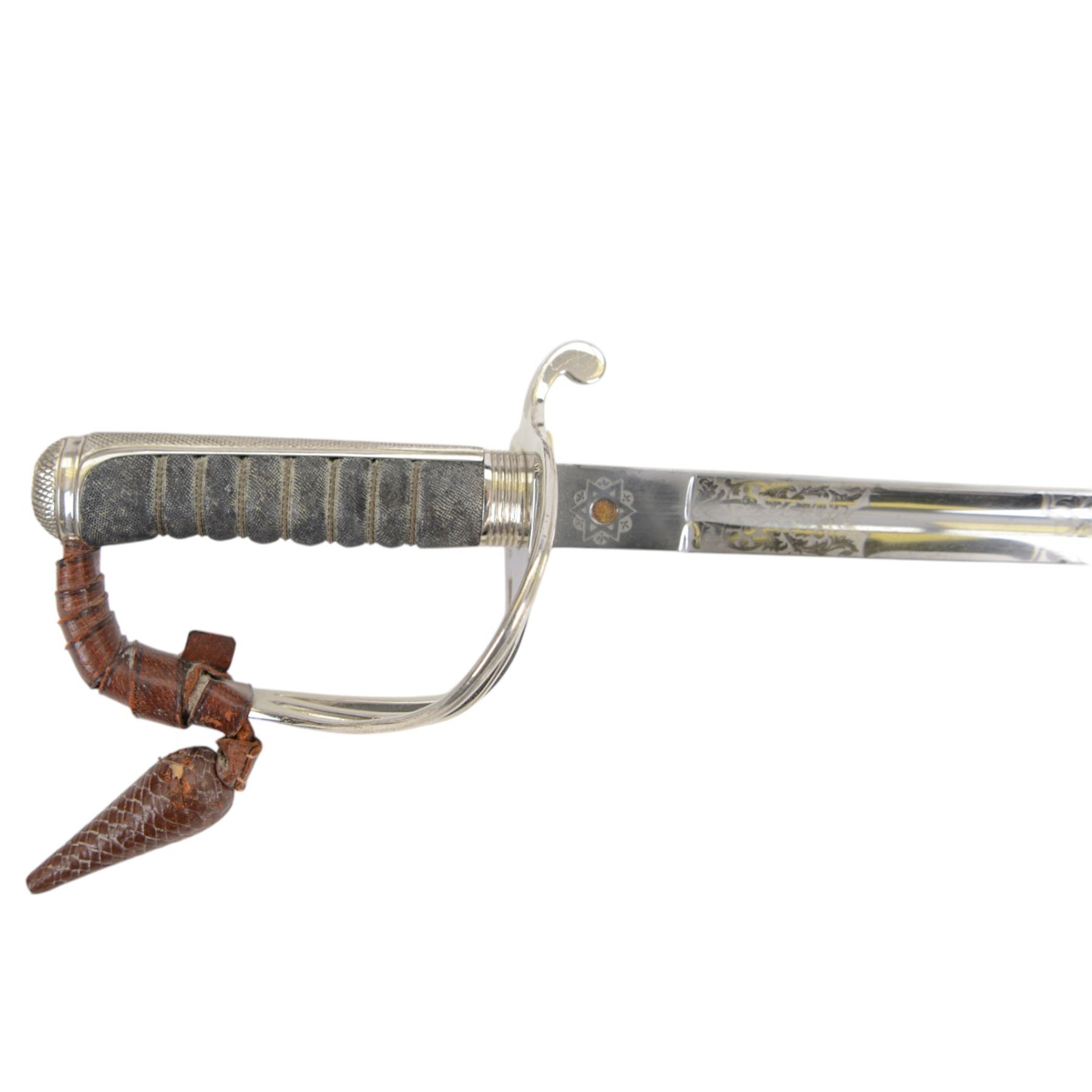 George VI Royal Army Service Corps Officer's sword, with 87cm steel blade, wirebound fishskin grip, chequered backstrap and stepped domed pommel, in brown leather scabbard, overall L102cm
