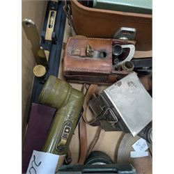 Two dumpy levels including Watts & Son ltd example and a Vickers Instruments example, US Navy bubble sextant, GT Price torch stamped US MX 991/U, 'The Unique' slide rule, three draw telescope and other instruments