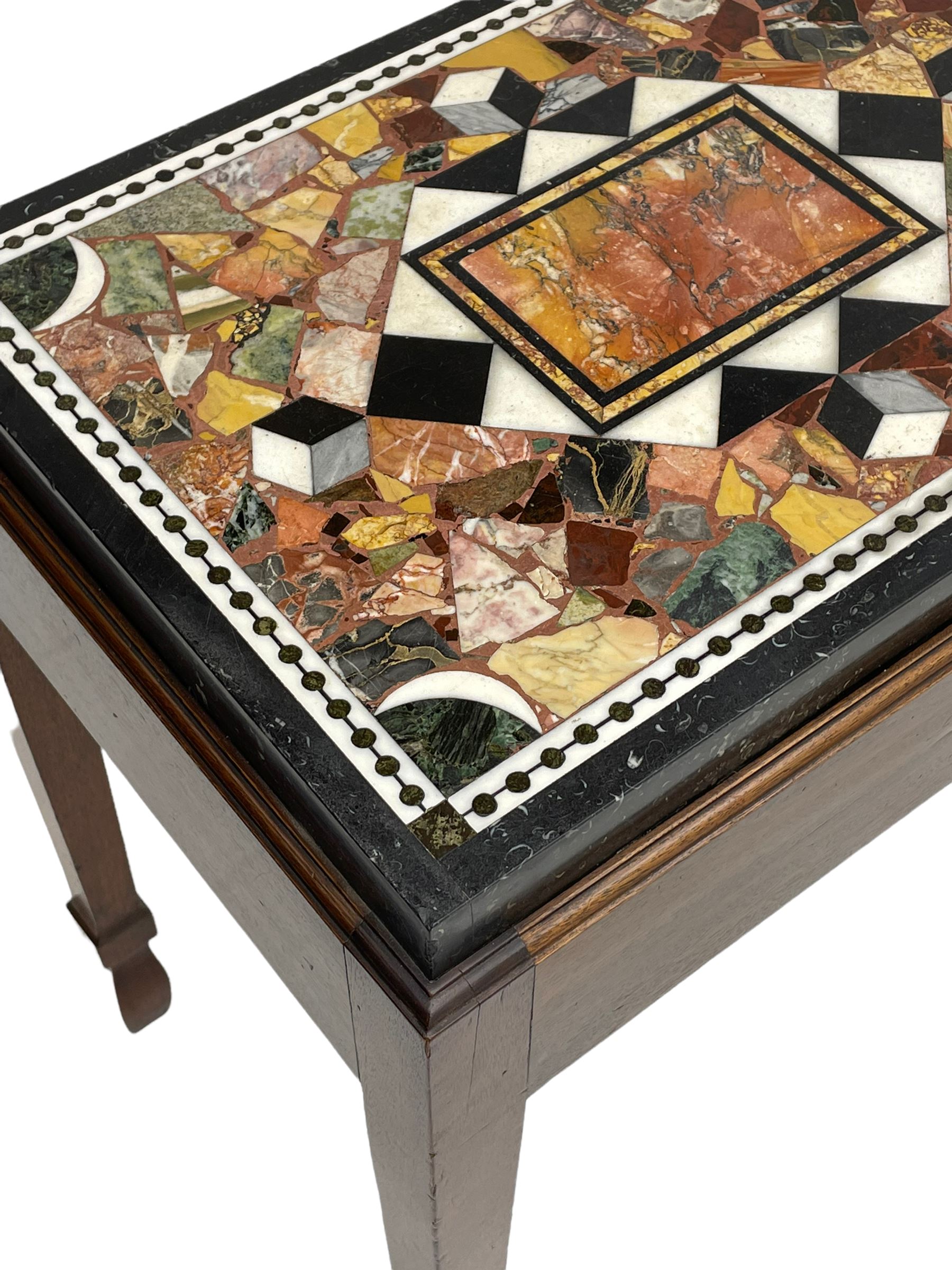 19th century marble specimen table, central rectangular plaque in black and white chequered lozenge, surrounded by fragments and cube motifs, housed within a mahogany stand with moulded top edge, square tapering supports with peg spade feet